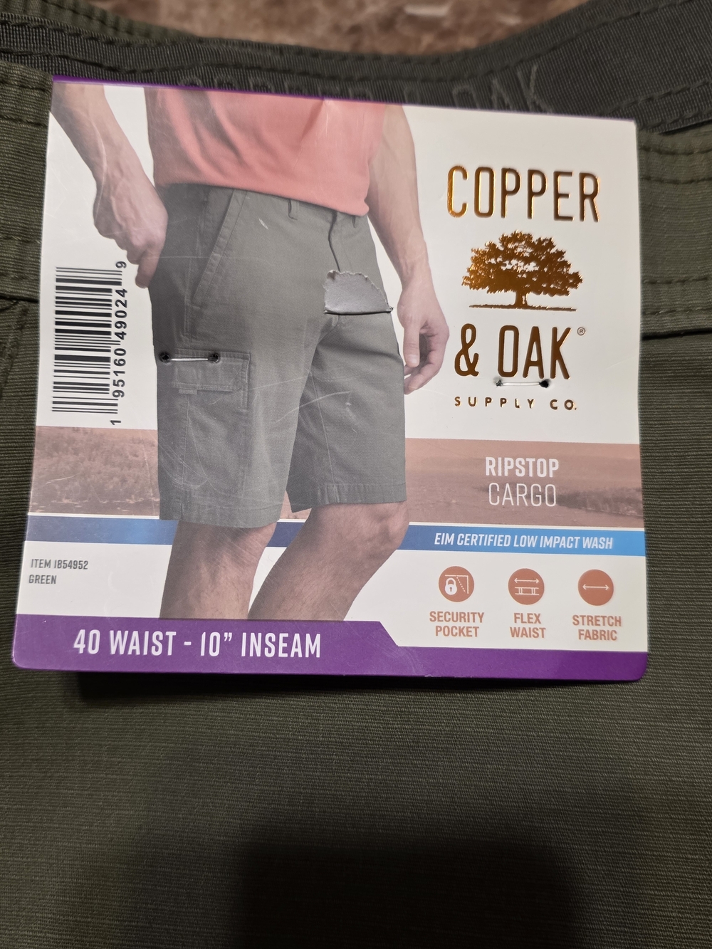 Copper & Oak Men's Green Ripstop Cargo Shorts with Flex Waist